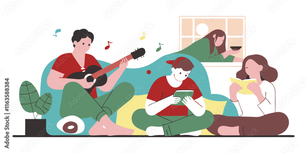 Fototapeta premium Ai generates weekend vibes young men and women enjoying quality time at home cozy environment relaxed viewpoint