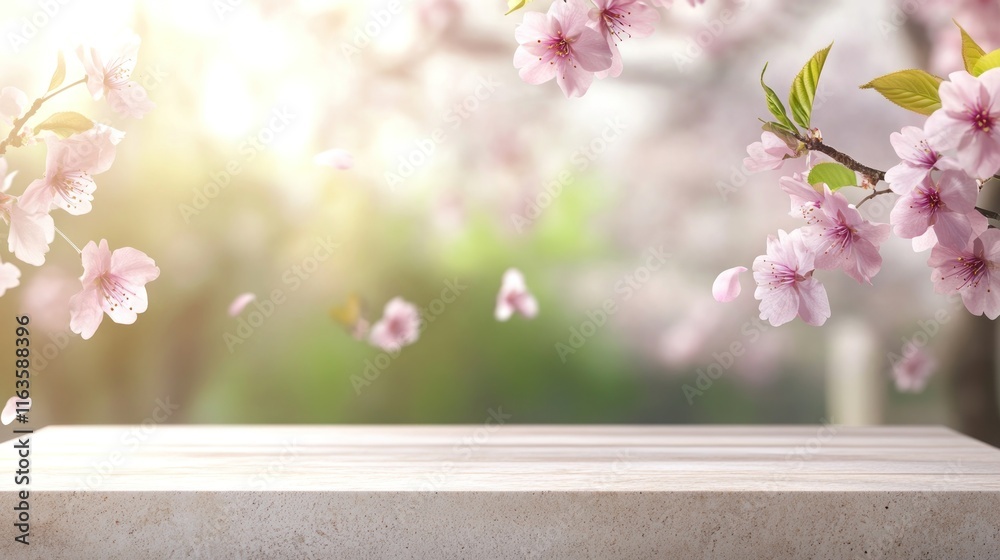 Empty wooden table with falling cherry blossoms in springtime. Empty wooden table with falling cherry blossoms in springtime.