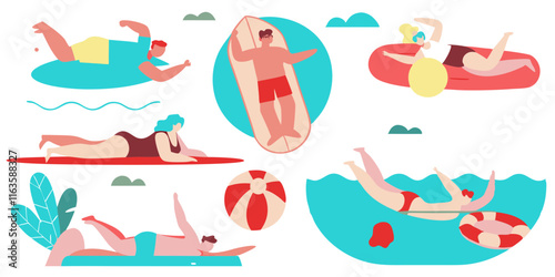 Ai generated summer fun people swimming and surfing at the beach in bright colors
