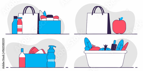 Essential grocery shopping items illustrated in a modern store setting a top view vibrant art exploration