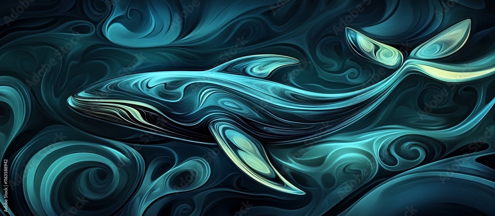 Obraz premium Abstract whale in a swirling, vibrant teal and dark blue ocean environment.