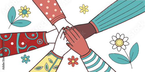 Ai generates unity diverse women's hands collaborating in harmony creative artwork vibrant setting inspirational concept