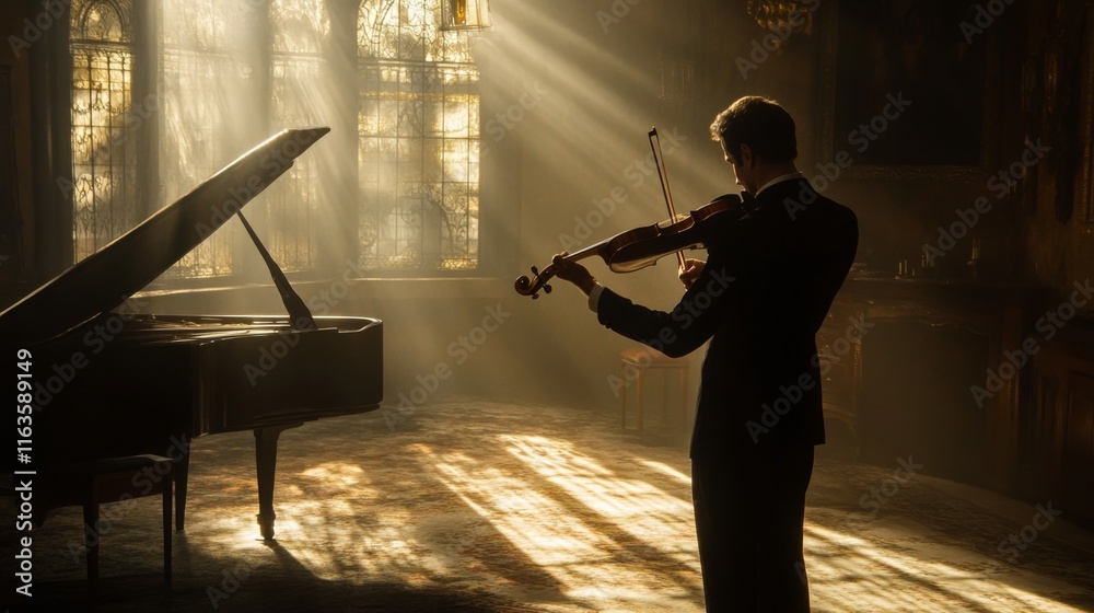 Fototapeta premium Man in suit playing violin in sunlit grand room with piano.