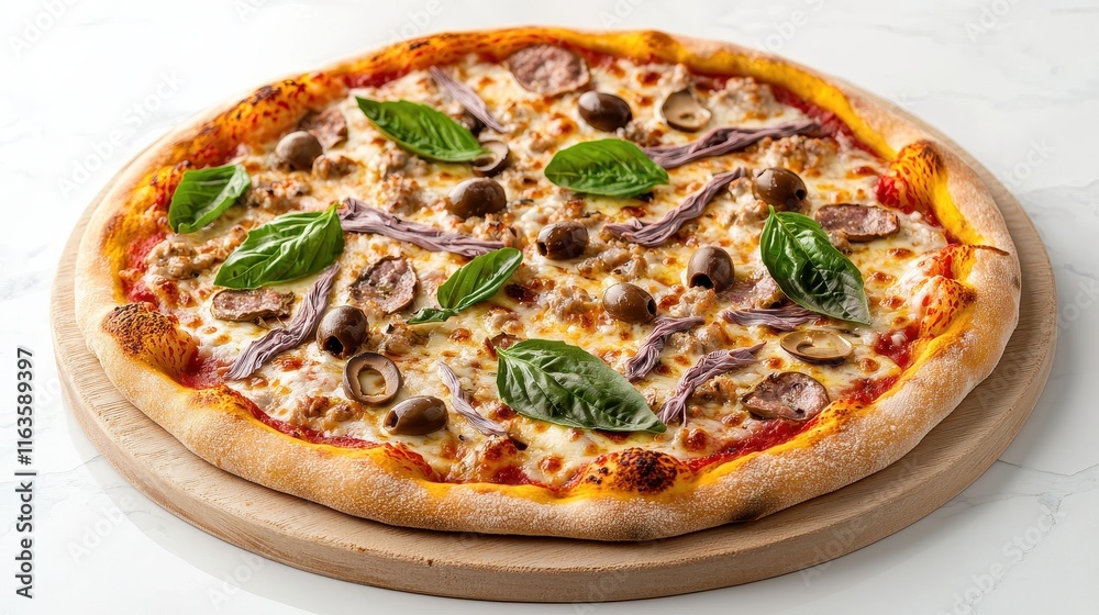 A delicious pizza topped with olives, red onions, and fresh basil on a golden crust. A delicious pizza topped with olives, red onions, and fresh basil on a golden crust.