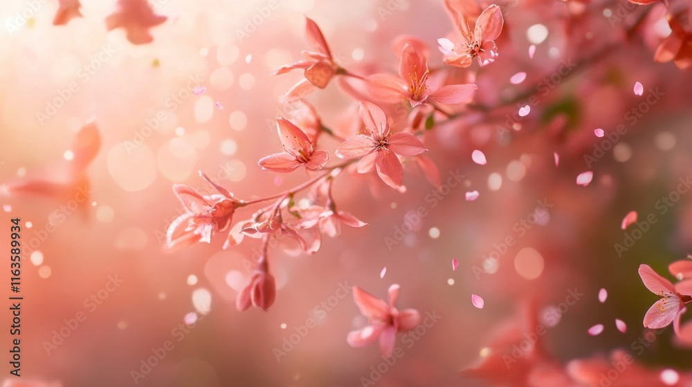 Delicate coral flowers bloom, petals falling in soft sunlight. Delicate coral flowers bloom, petals falling in soft sunlight.