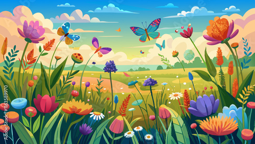 Schilderij op canvas A vibrant wildflower meadow stretching to the horizon, butterflies fluttering am