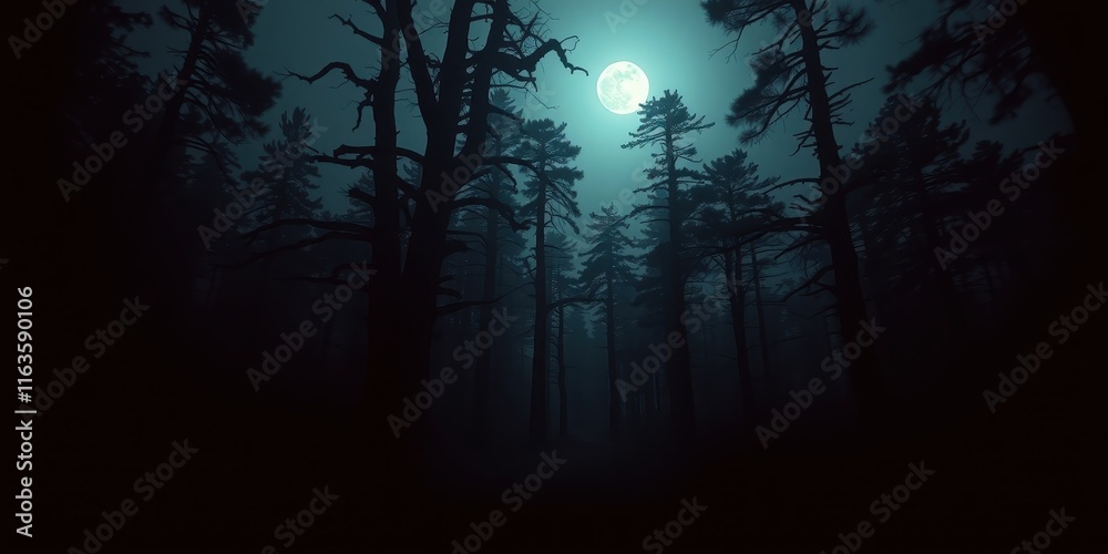 Mysterious moonlit path through a dark, misty forest Mysterious moonlit path through a dark, misty forest