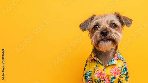 Cute small dog wearing Hawaiian shirt against yellow background. photo