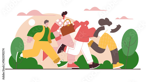 Ai-generated illustration of a happy crowd running fast in nature celebrating togetherness and freedom