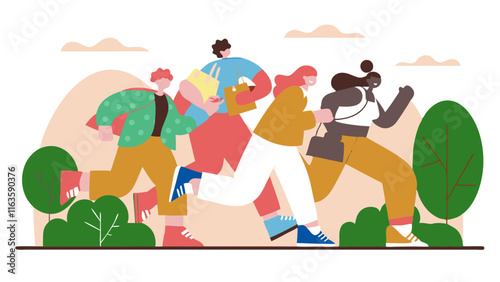 Exciting ai-generated scene of a happy group of people running in nature outdoor environment vibrant and energetic viewpoint