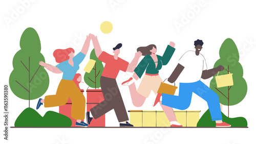 Ai generated vibrant group of happy people running fast in a lively park setting