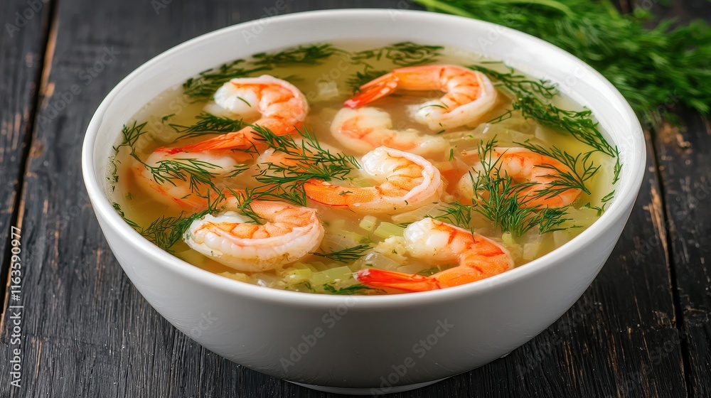 A flavorful shrimp soup garnished with fresh dill, showcasing succulent shrimp in a clear broth. A flavorful shrimp soup garnished with fresh dill, showcasing succulent shrimp in a clear broth.