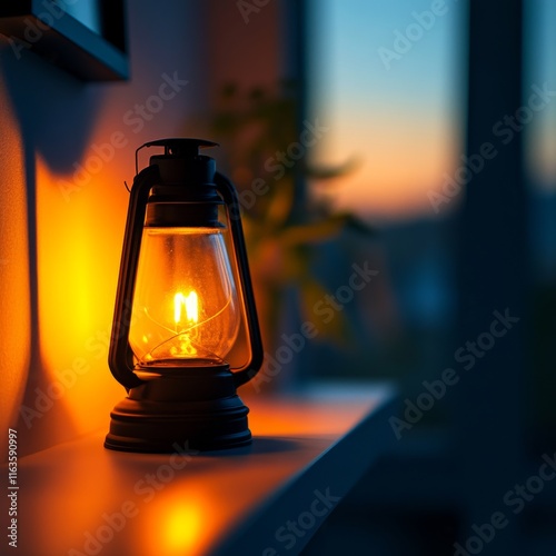 A serene evening scene featuring a glowing lantern on a shelf, evoking warmth and comfort in a cozy home setting.