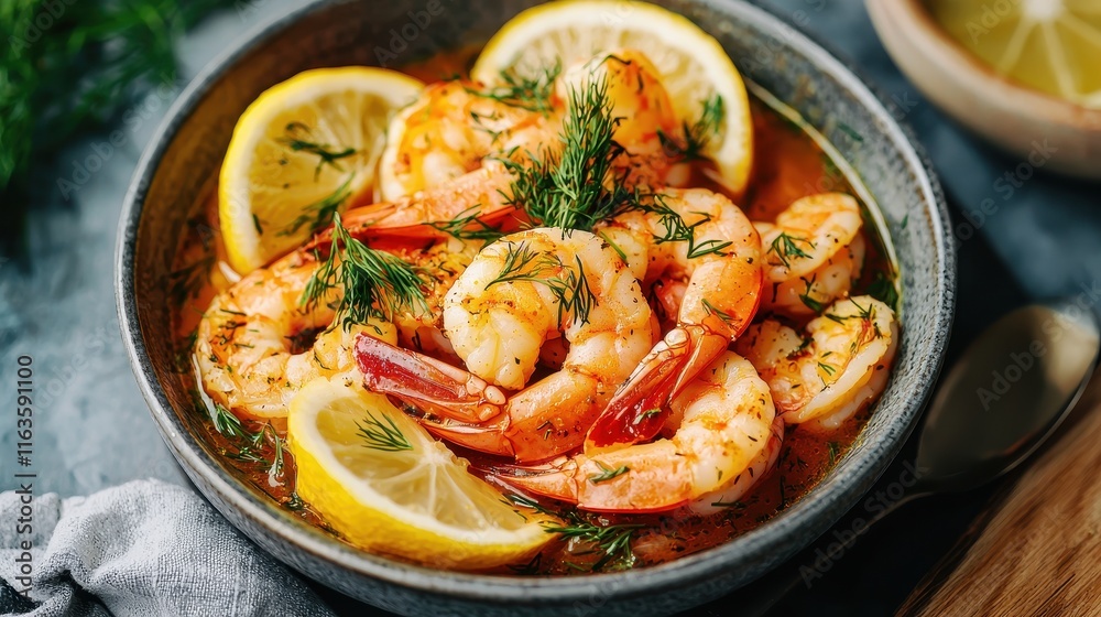 A flavorful shrimp dish garnished with lemon slices and fresh herbs, served in a rustic bowl. Perfect for seafood lovers A flavorful shrimp dish garnished with lemon slices and fresh herbs, served in a rustic bowl. Perfect for seafood lovers