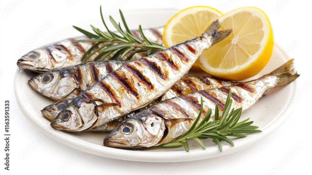 Grilled fish garnished with lemon and rosemary, beautifully presented on a white plate, showcasing a delicious seafood dish. Grilled fish garnished with lemon and rosemary, beautifully presented on a white plate, showcasing a delicious seafood dish.