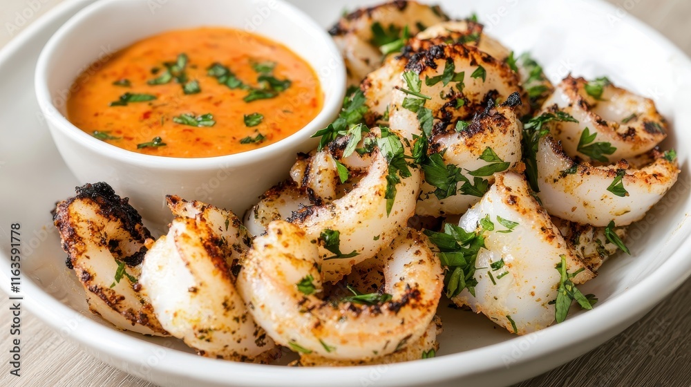 A plate of grilled shrimp garnished with herbs, served alongside a rich, spicy dipping sauce. A plate of grilled shrimp garnished with herbs, served alongside a rich, spicy dipping sauce.