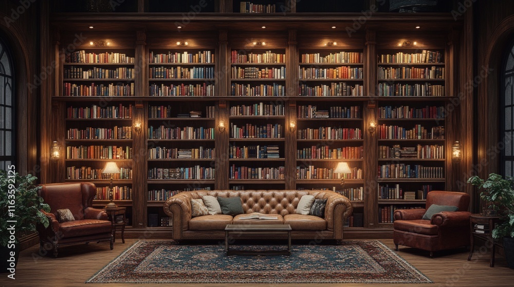 Luxurious library, leather furniture, bookshelves filled with books.