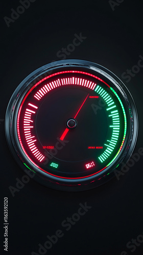 A stylized digital gauge with glowing red and green