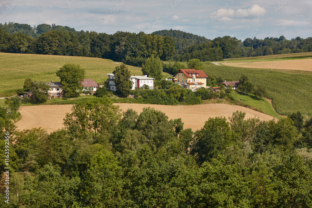 Traditional countryside cottages in austrian hills. Austria landscape