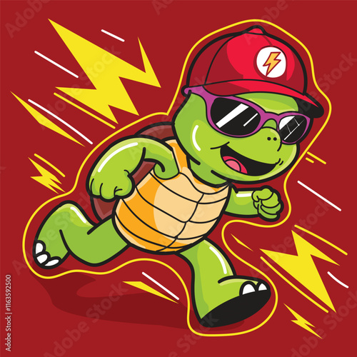 a cute turtle run with high speed and wearing hat and sunglasses good for sticker, design element, or meme