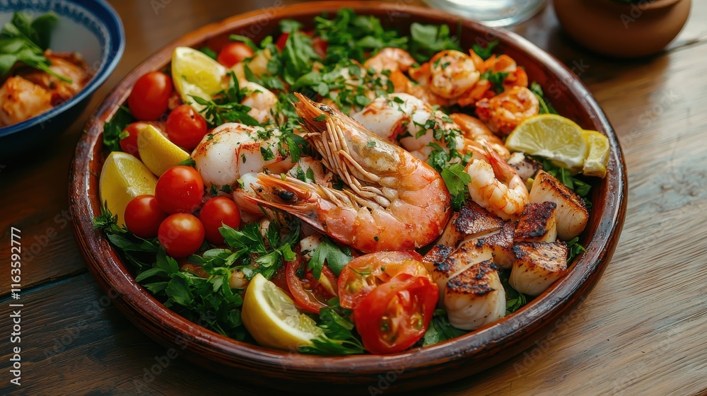 A vibrant seafood platter featuring grilled shrimp, scallops, cherry tomatoes, and fresh herbs, garnished with lemon slices on a rustic wooden table. A vibrant seafood platter featuring grilled shrimp, scallops, cherry tomatoes, and fresh herbs, garnished with lemon slices on a rustic wooden table.