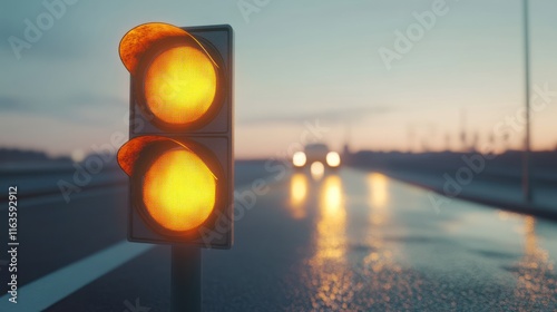 Amber traffic light at dusk on a wet road with blurred car in background.