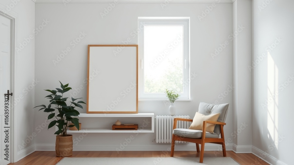 Modern minimalist living room interior design with empty frame, shelf, armchair, and potted plant Modern minimalist living room interior design with empty frame, shelf, armchair, and potted plant
