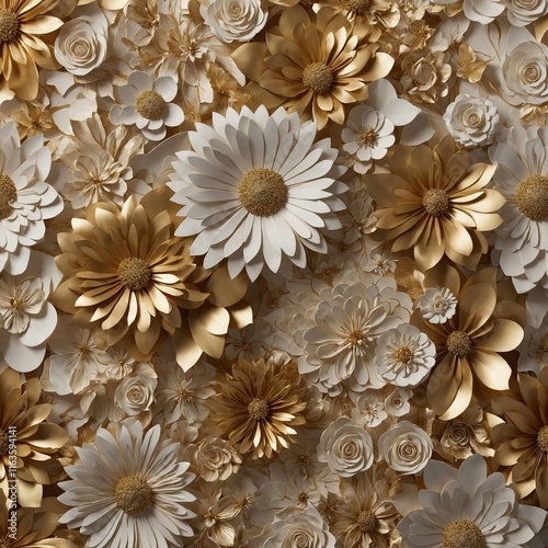 3D mural wallpaper flowers in gold and cream colors, Mural wallpaper flowers high quality AI generated image.