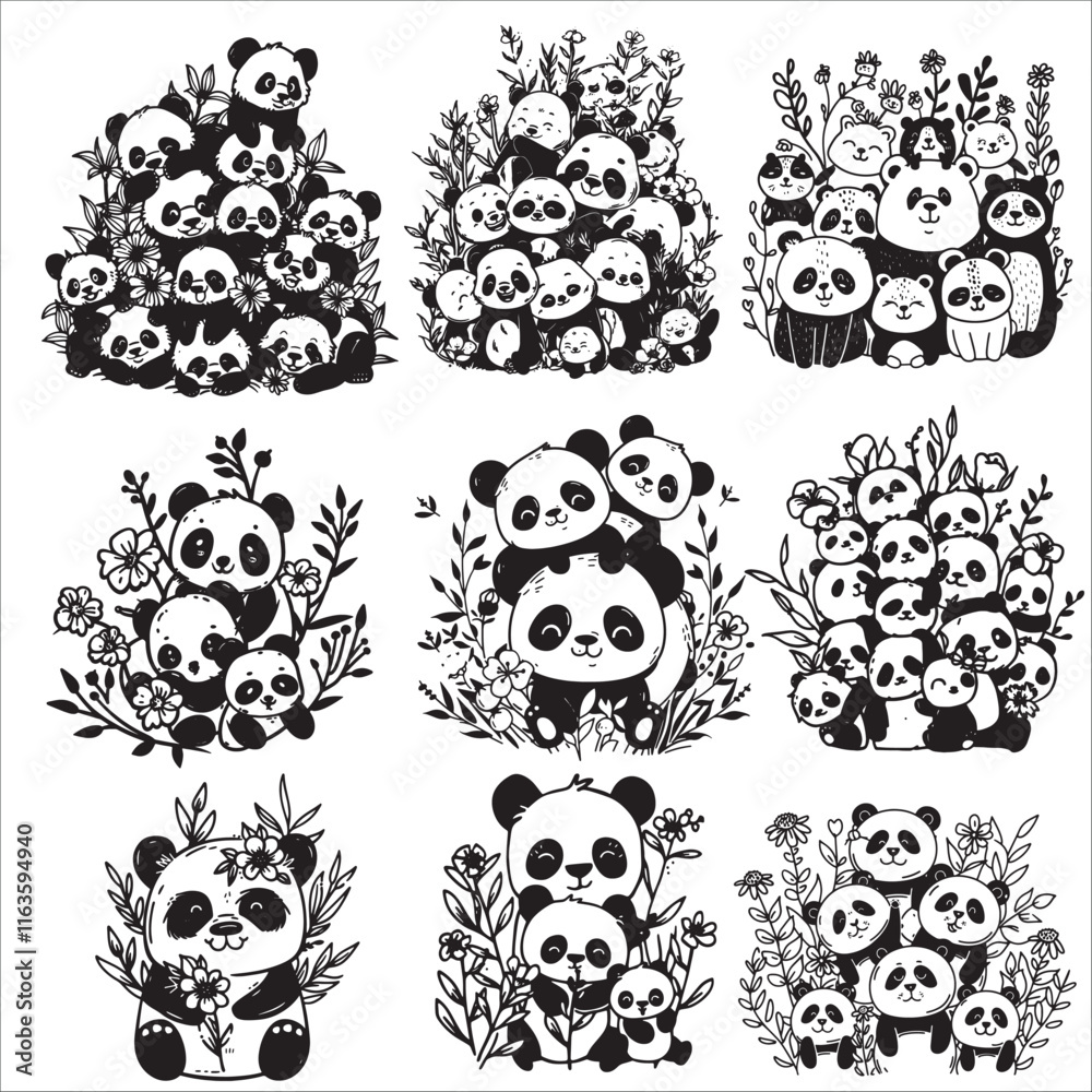 Obraz premium cute floral panda silhouette vector illustration set 