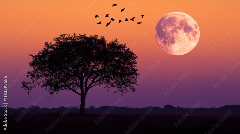 Silhouetted tree, birds flying, large moon at sunset. Silhouetted tree, birds flying, large moon at sunset.