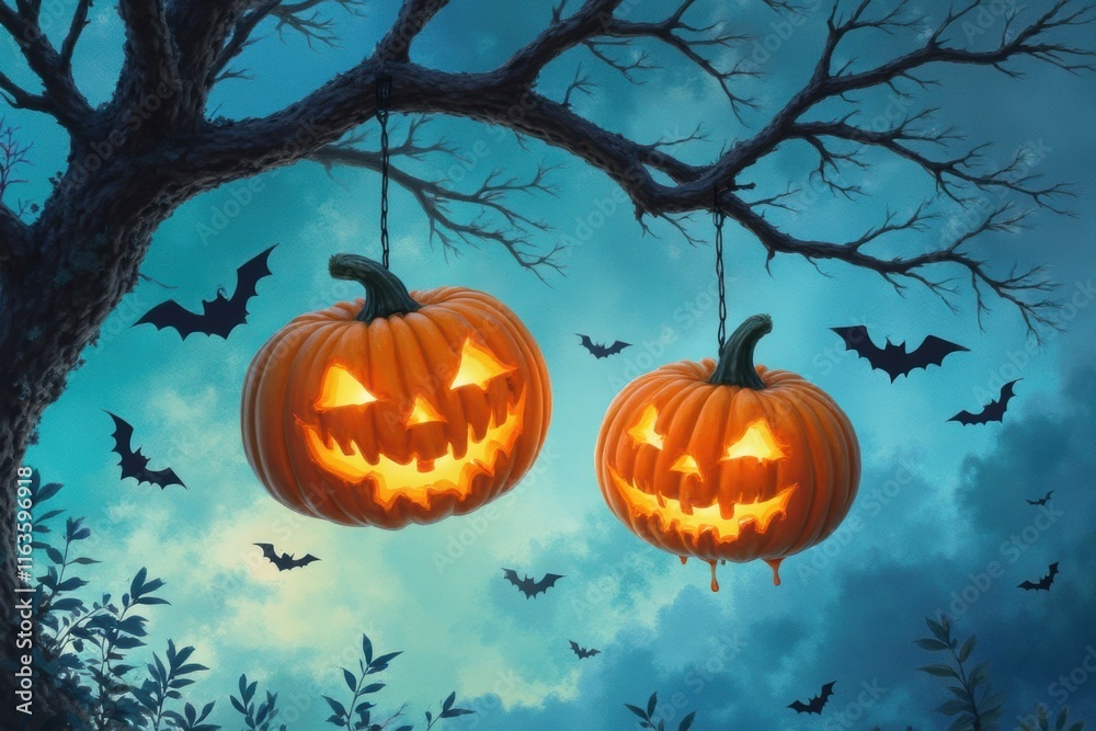 Spooky Halloween Scene with Carved Pumpkins and Flying Bats Spooky Halloween Scene with Carved Pumpkins and Flying Bats