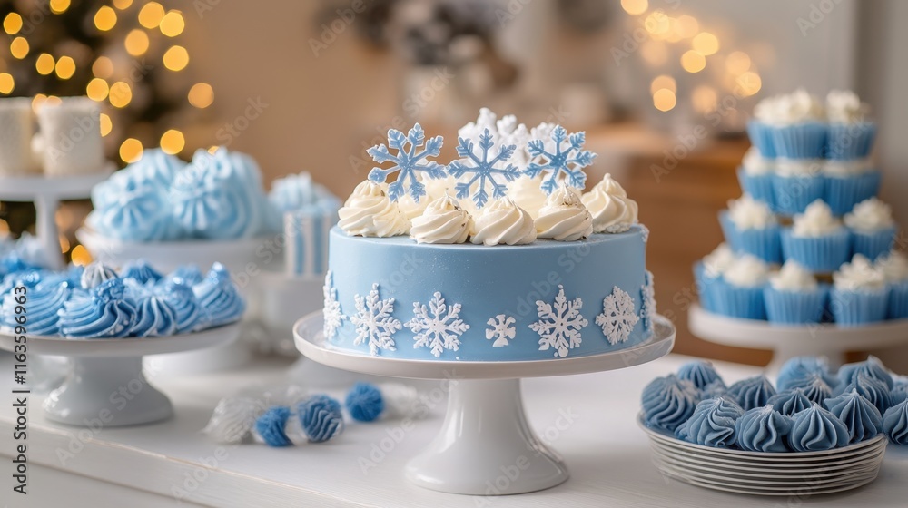 Celebratory winter dessert display featuring blue and white treats adorned with snowflake decorations Celebratory winter dessert display featuring blue and white treats adorned with snowflake decorations