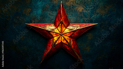 A large five-pointed star, glowing with an orange light at its center, is placed on a background photo