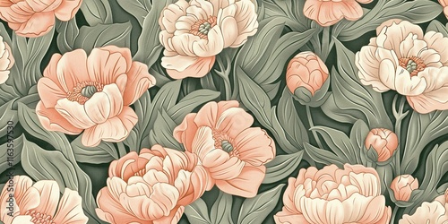 Elegant blooming peonies with intricate leaves, creating a timeless and refined floral design.