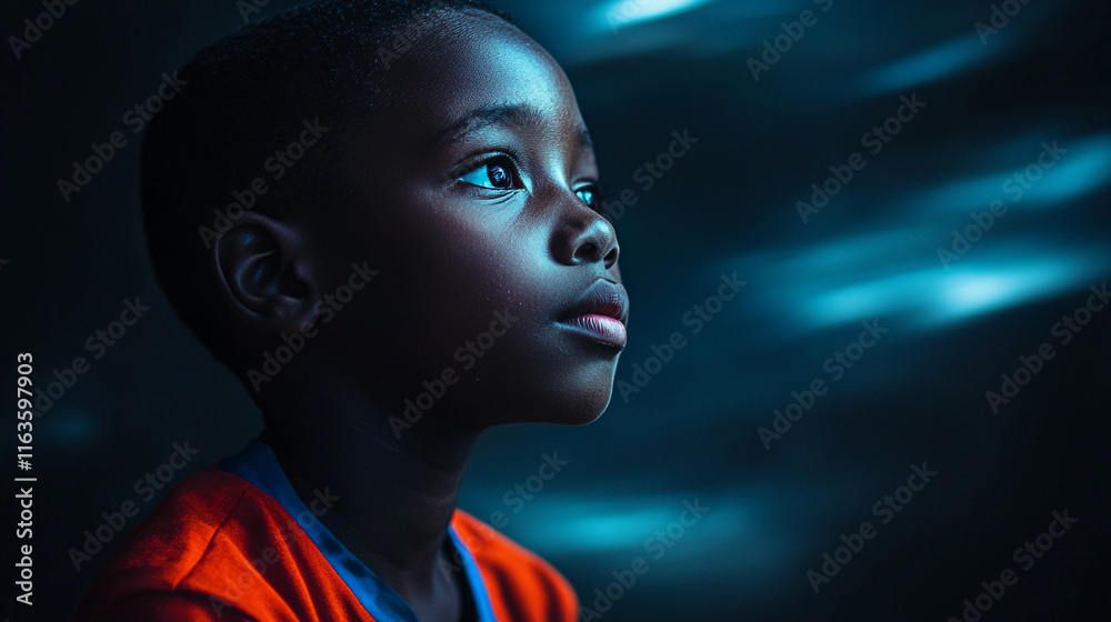 Young child in deep contemplation with soft blue background lights Young child in deep contemplation with soft blue background lights