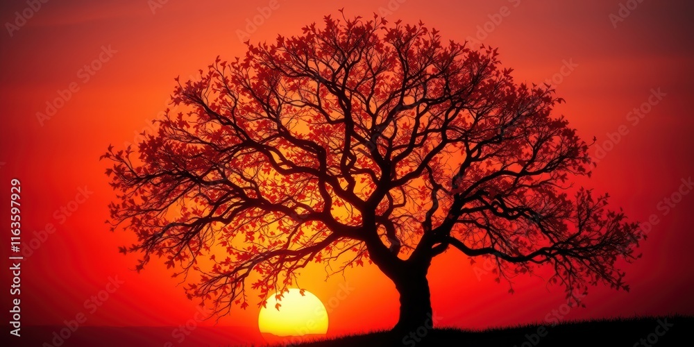 Silhouette of a large tree against a vibrant red sunset, conveying serenity and the beauty of nature's end-of-day spectacle Silhouette of a large tree against a vibrant red sunset, conveying serenity and the beauty of nature's end-of-day spectacle