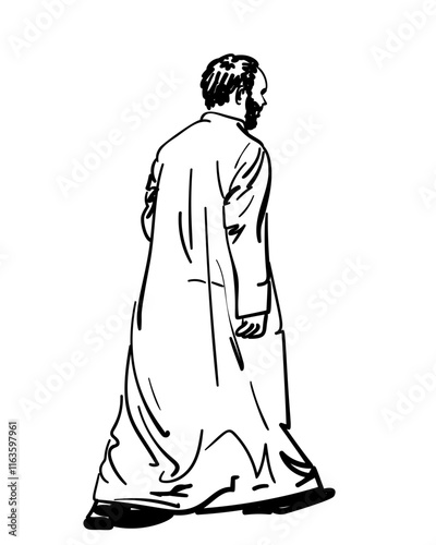 Walking Arab man wearing traditional white cotton tunic with long sleeves called dishdasha, Hand drawn illustration, Vector sketch, Side back view