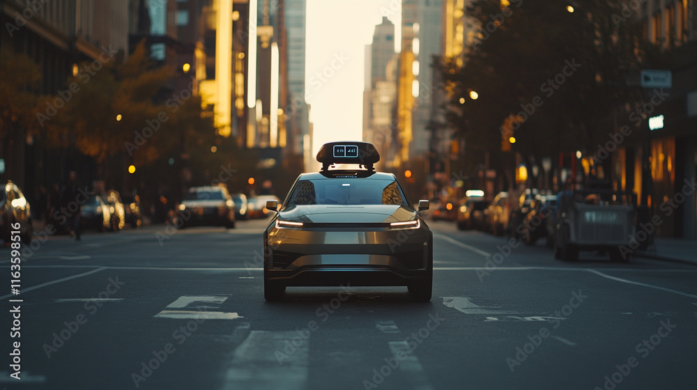 Modern electric vehicle driving through city streets during golden hour evening light Modern electric vehicle driving through city streets during golden hour evening light