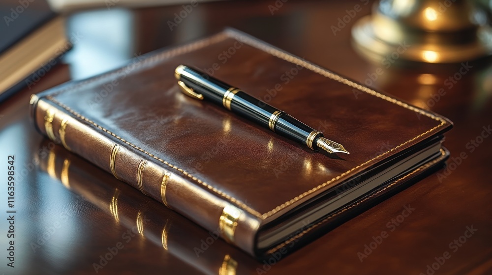 Beautifully crafted leather journal and elegant pen resting on a polished wooden desk in soft lighting Beautifully crafted leather journal and elegant pen resting on a polished wooden desk in soft lighting