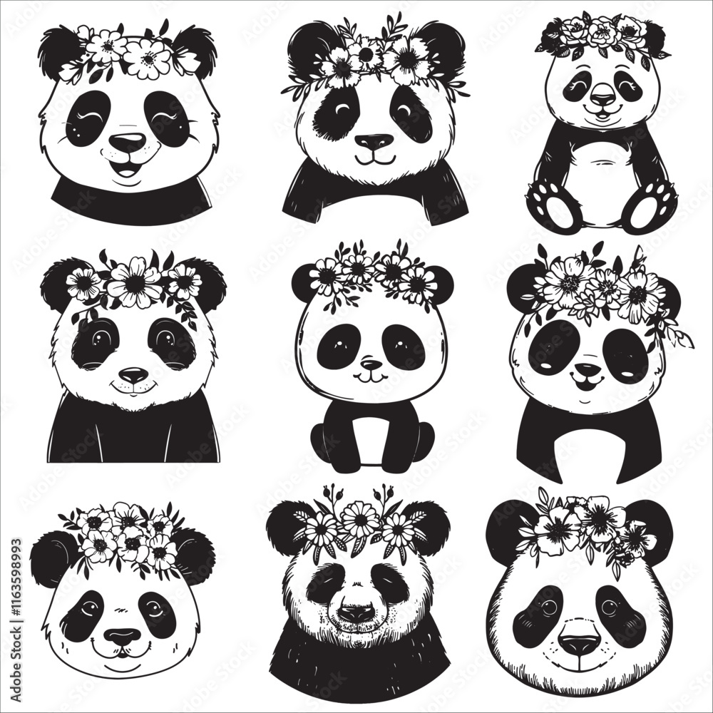 Obraz premium cute panda wearing flower headband silhouette, vector illustration set 