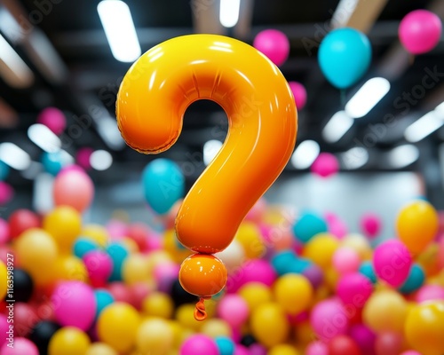 Colorful balloons surround a bright yellow question mark symbolizing curiosity and celebration in a festive atmosphere. photo