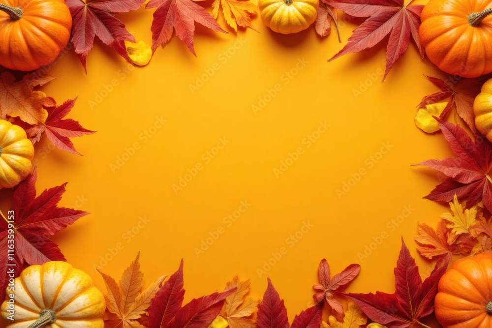 Vibrant Autumn Background with Pumpkins and Colorful Leaves Vibrant Autumn Background with Pumpkins and Colorful Leaves