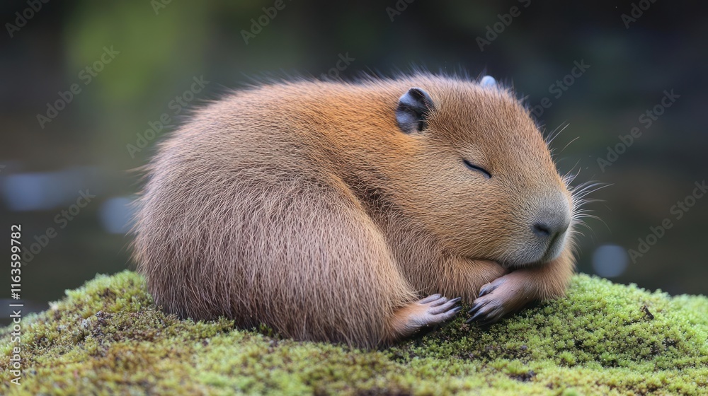 Adorable capybara sleeping peacefully on moss, curled up in a ball. Adorable capybara sleeping peacefully on moss, curled up in a ball.