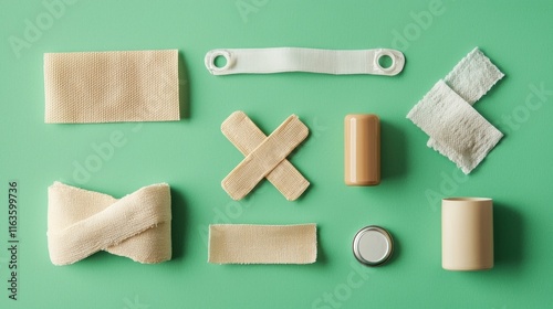 Assorted First Aid Supplies Arranged On Green Background photo