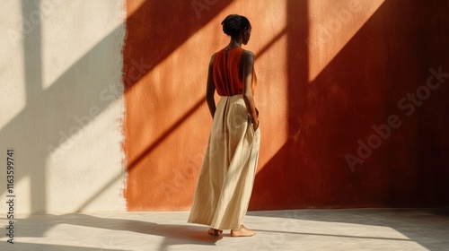 Woman In Loose Beige Pants And Orange Top Against A Wall