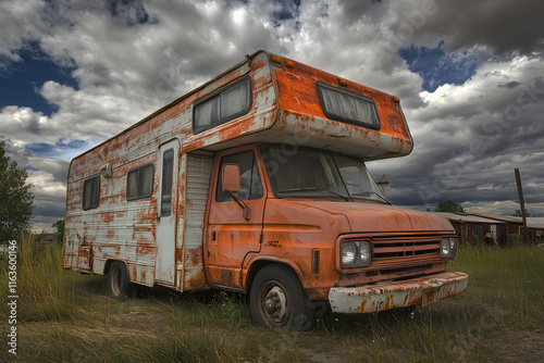 Vintage recreational vehicle with a worn exterior, showcasing retro charm and rugged functionality.

