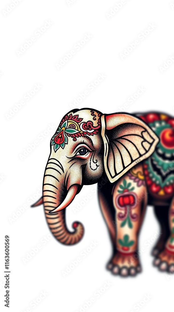 Fototapeta premium Vibrant, detailed elephant tattoo art style on a white background