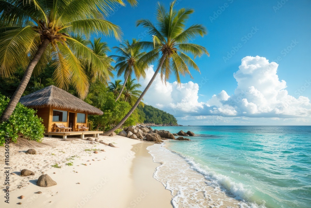 Serene Beach Landscape with Palm Trees and Tropical Hut Near Ocean Serene Beach Landscape with Palm Trees and Tropical Hut Near Ocean