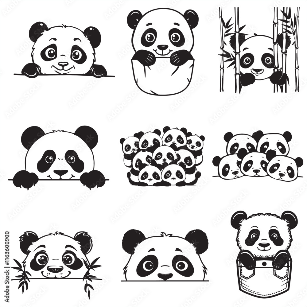 Obraz premium cute peeking panda silhouette, vector illustration set 