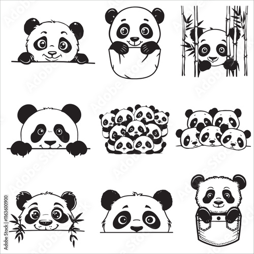 cute peeking panda silhouette, vector illustration set 